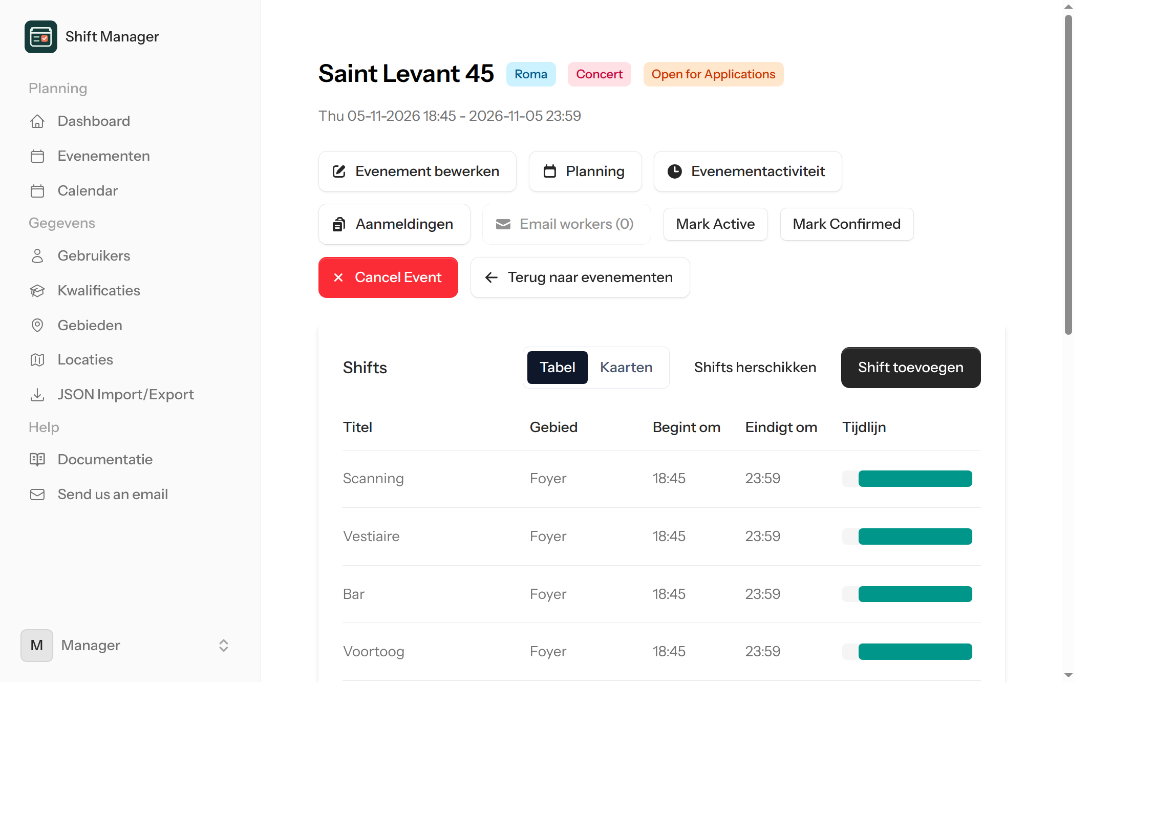 Shift Manager's event view showing shift times, staffing requirements, volunteer applications and accepted assignments